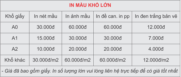 Bảng giá in màu: in màu bao nhiêu tiền 1 tờ A0 tại Hà Nội